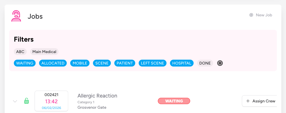 Screenshot: The Jobs section of the event page, showing the table of jobs with job number, type, status badge, and crew badges visible for several rows