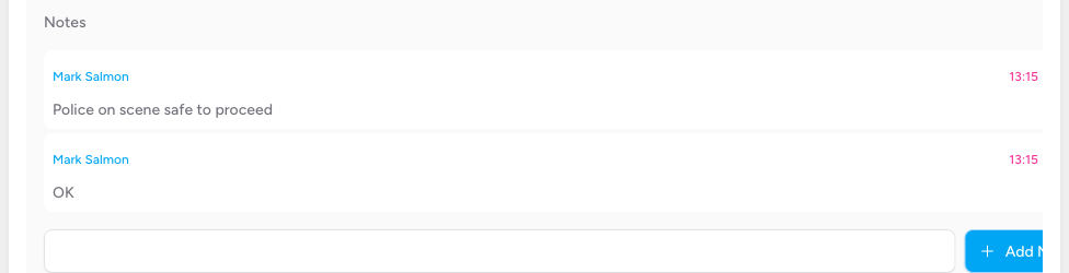Screenshot: The Notes section showing one existing note with author name and timestamp, and below it the text input field with the Add Note button to its right