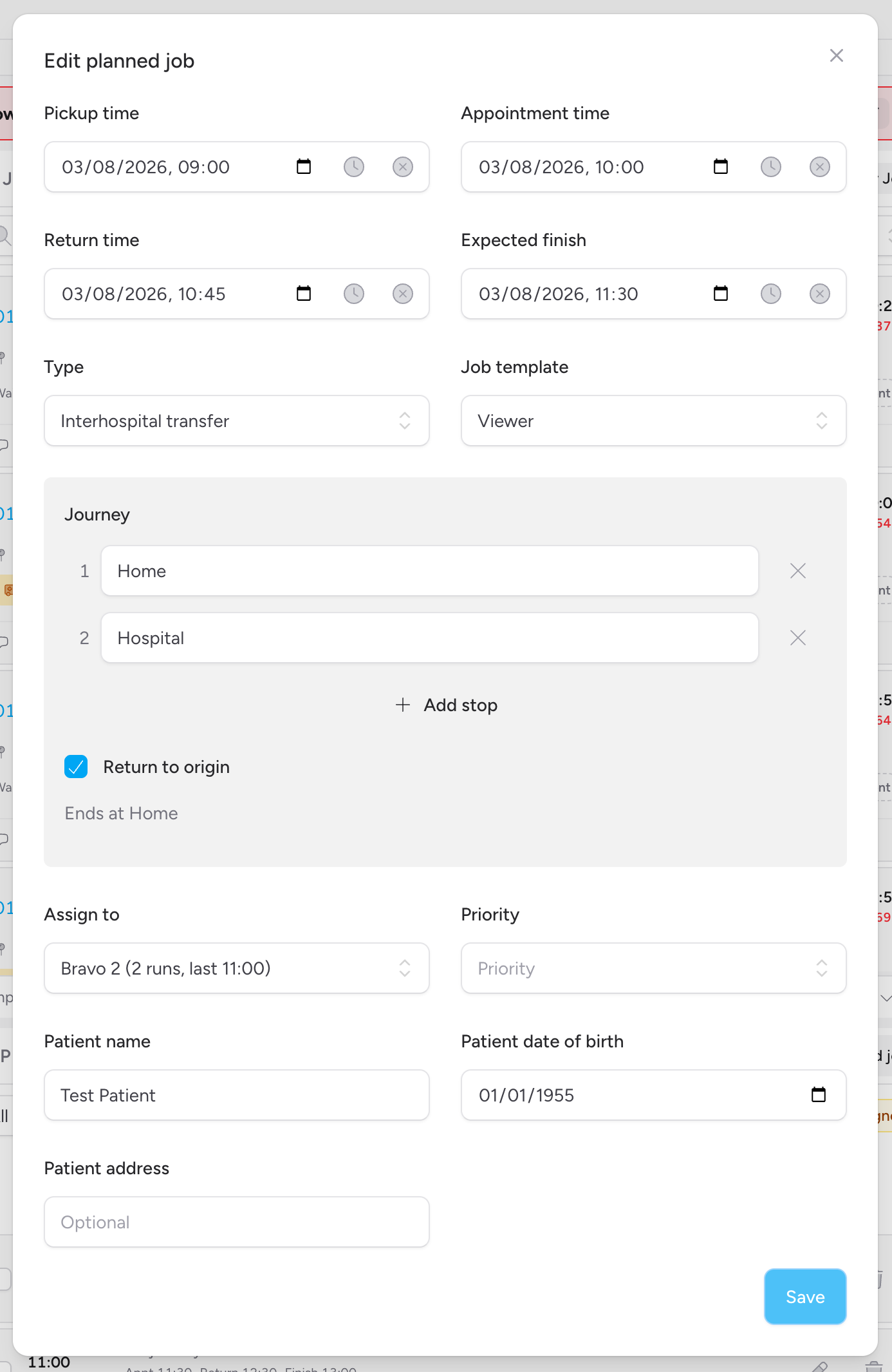 Screenshot: The "Edit planned job" modal showing pre-filled Pickup time, Appointment time, Return time, Expected finish, Type, Job template, Journey, Assign to, Priority and Patient fields, with a Save button at the bottom