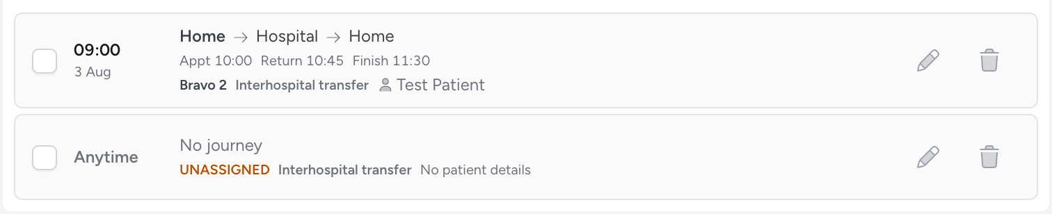 Screenshot: A close-up of two rows in the Planned jobs list — one with a pickup time, a two-stop journey, an "Appt · Return · Finish" line, an assigned crew, patient name and priority badge; the other showing "Anytime" with "UNASSIGNED" and "No patient details"