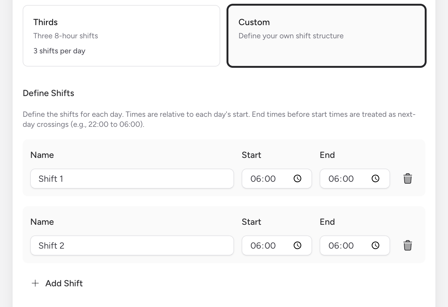 Screenshot: The Custom Shift Editor showing two shift rows, each with Name, Start time, and End time fields, an "Add Shift" button at the bottom, and a trash icon on each row.