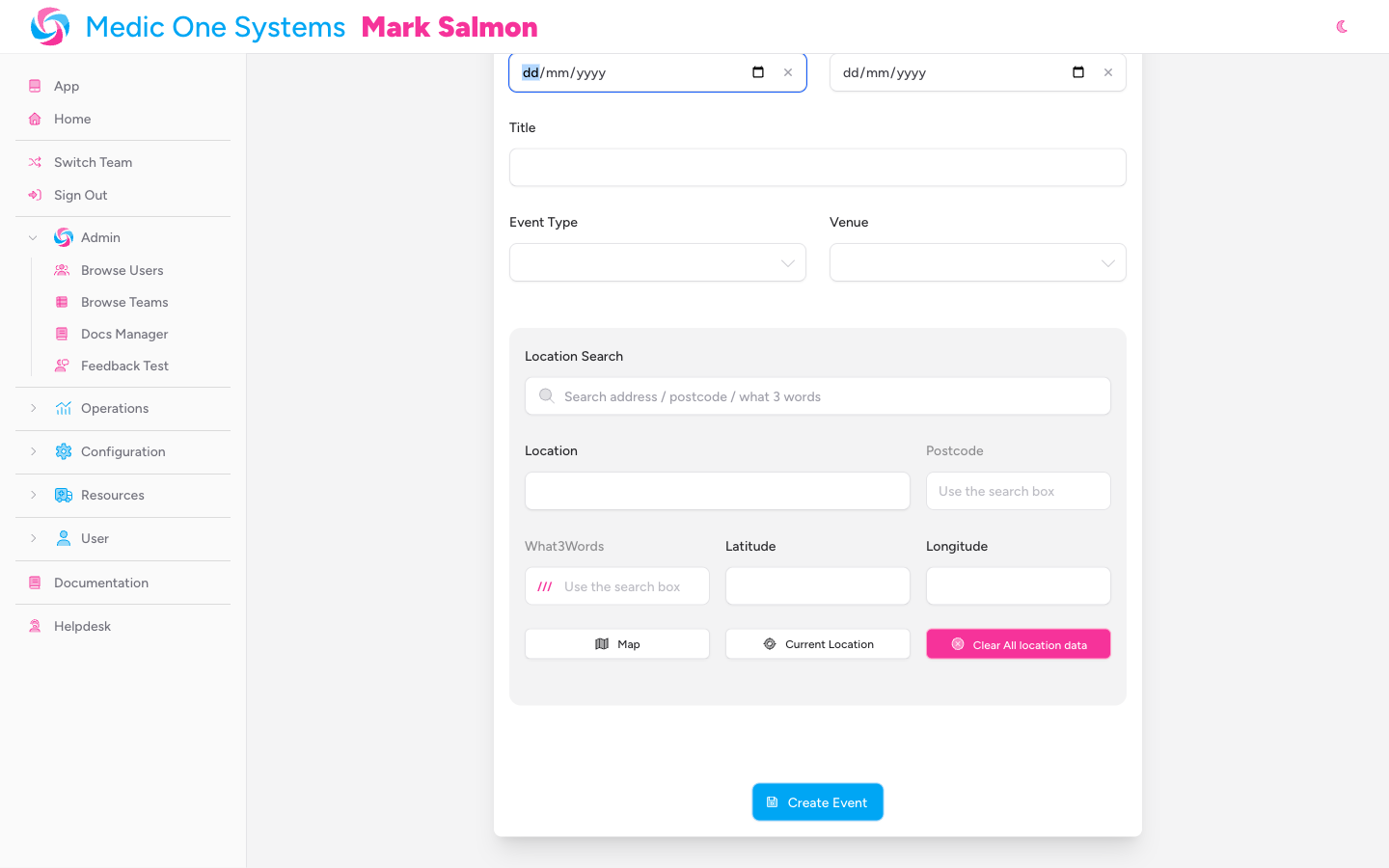Screenshot: The Location panel showing the Location Search box, the Location and Postcode fields, the What3Words field, Latitude and Longitude inputs, and the Map and Current Location buttons.