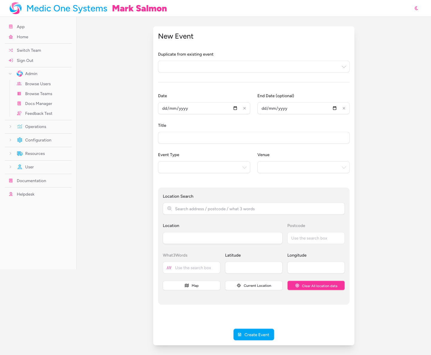 Screenshot: The New Event form showing the "Duplicate from existing event" dropdown at the top, followed by the Date, End Date, Title, Event Type, and location fields.