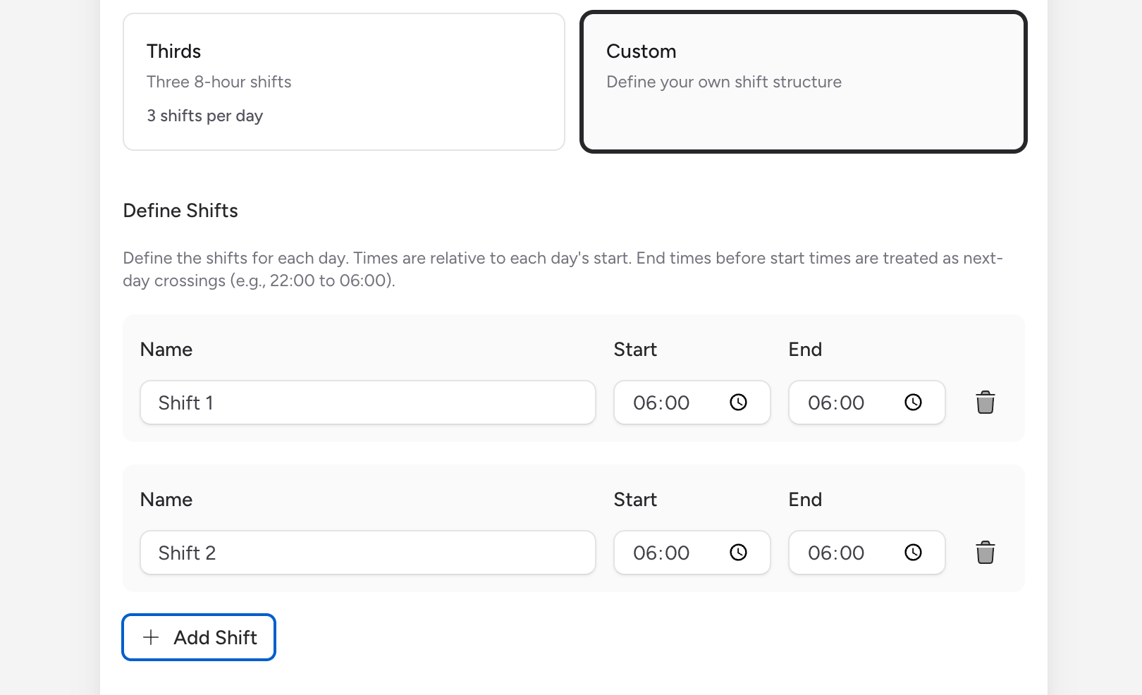 Screenshot: The Shift Preview panel showing two rows — "Day" with a 07:00-19:00 time range and "Night" with a 19:00-07:00 time range — for the Day/Night pattern.