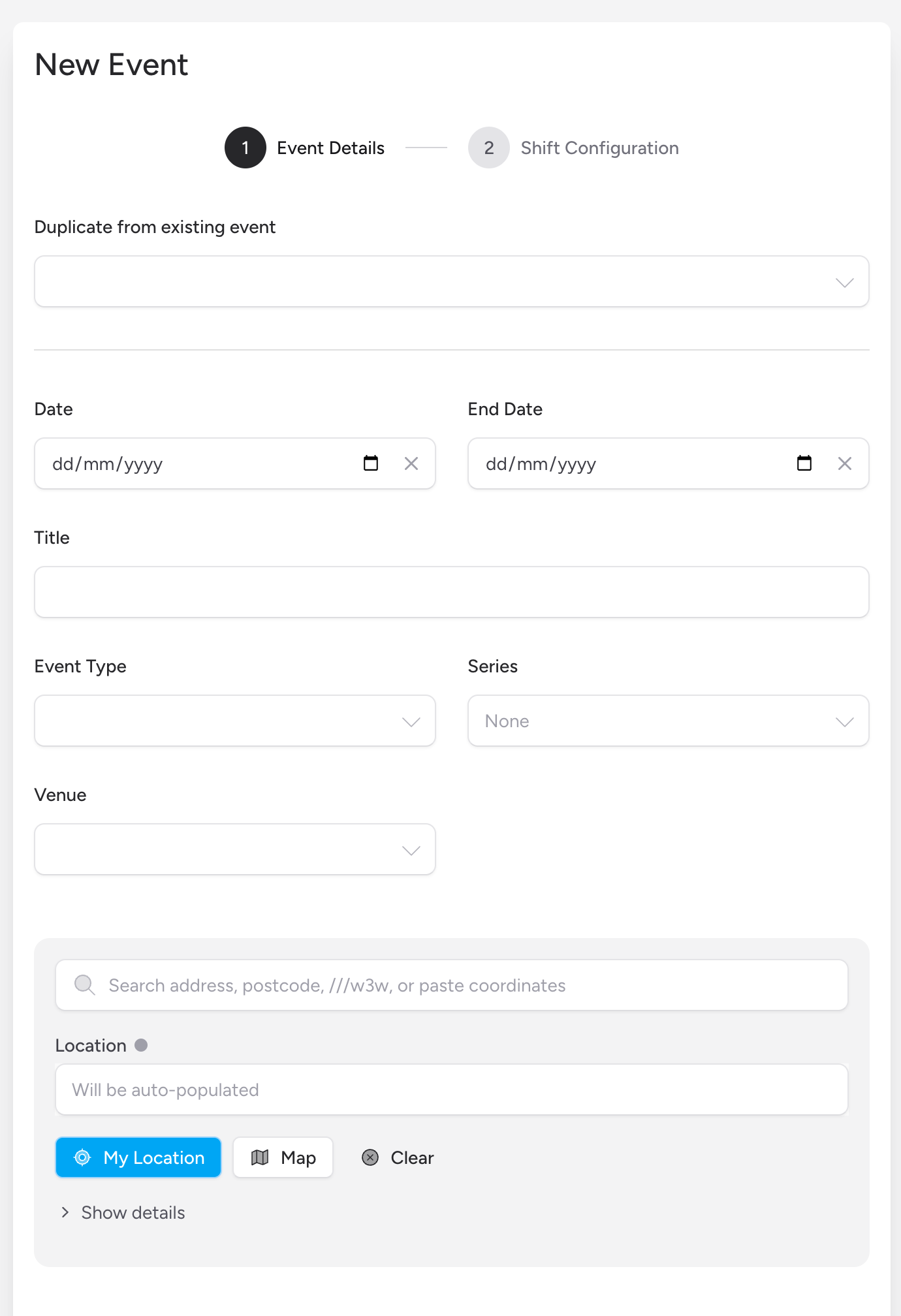 Screenshot: The New Event wizard showing the step indicator bar at the top with "1 Event Details" highlighted and "2 Shift Configuration" greyed out, followed by the event details form below.