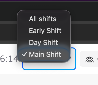 Screenshot: The Control Room header showing the shift dropdown with "All shifts" and individual shift names listed as options.