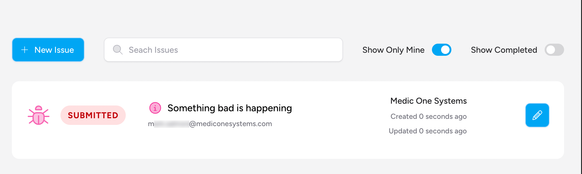 Screenshot: The Helpdesk ticket list showing status badges, titles, comment counts, and the Show Completed toggle