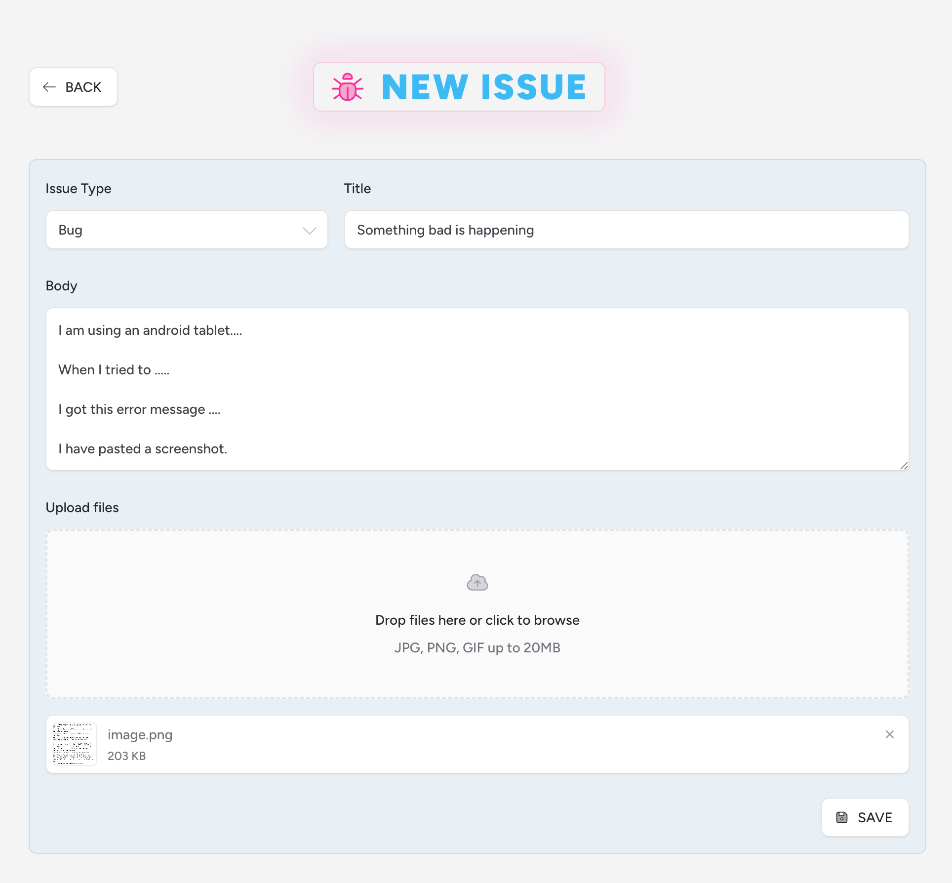 Screenshot: The New Issue form showing the Issue Type dropdown, Title field, Body textarea, and file upload area