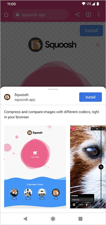 Screenshot: Chrome on Android showing the richer install dialog with the app name, description, and screenshots