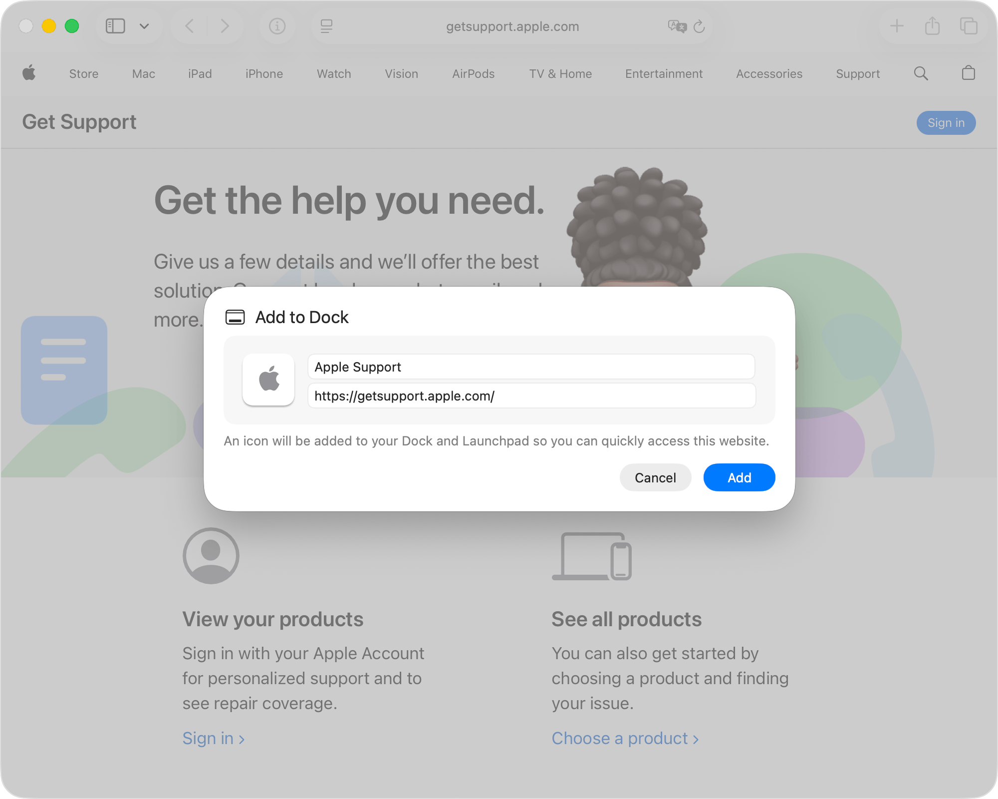 Screenshot: Safari's "Add to Dock" confirmation dialog showing the app name, URL, and Add/Cancel buttons