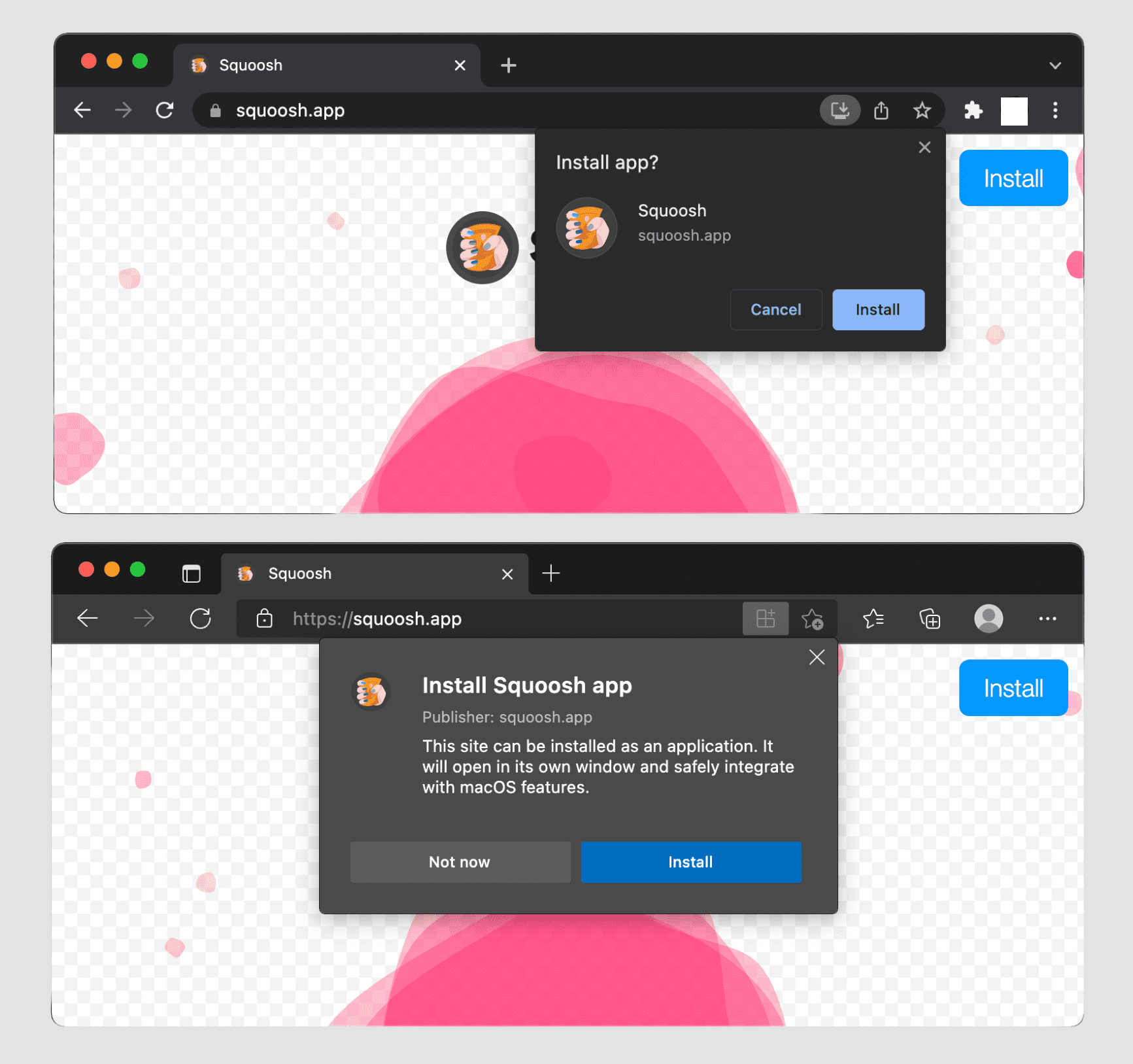 Screenshot: Chrome's "Install app?" confirmation popup alongside Edge's equivalent, both showing an Install button