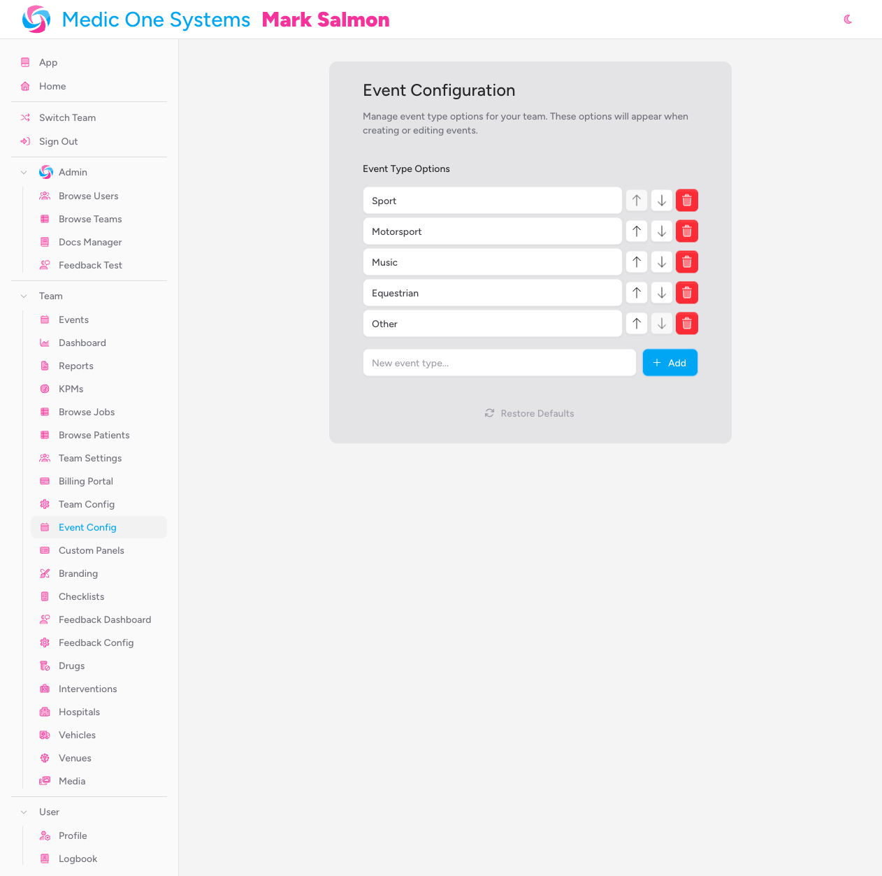 Screenshot: The Event Configuration page showing the Event Type Options list with five default options, each with up/down arrow buttons and a red delete button, followed by the "New event type..." input field and Add button