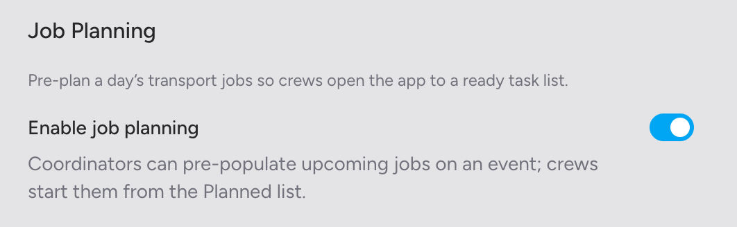 Screenshot: The Job Planning section at the bottom of the Event Configuration page, showing the "Enable job planning" switch and its description text