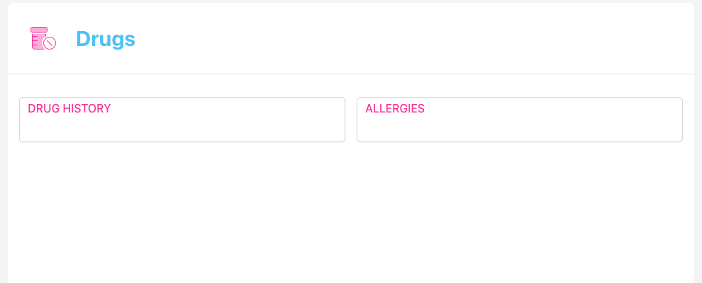 Screenshot: The top of the Drugs panel showing the Drug History and Allergies text areas above the drug entries table