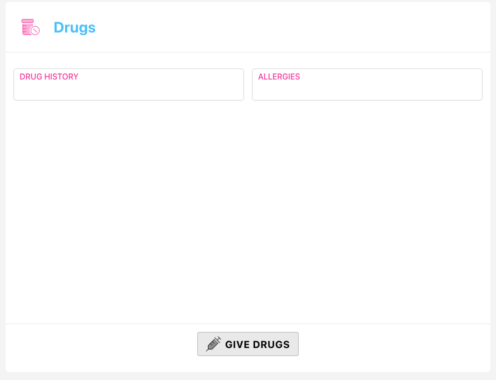 Screenshot: The Drugs panel on a patient record showing several drug entries in a table, each with a timestamp, drug name, dose, unit, route, and the recording user's name