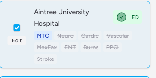 Screenshot: A hospital card with its checkbox ticked and the highlighted border indicating it is selected for the team