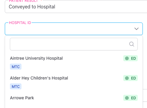 Screenshot: The Patient Outcome section of a patient record showing the Hospital dropdown field, with a hospital selected and the service capability badges visible in the dropdown options