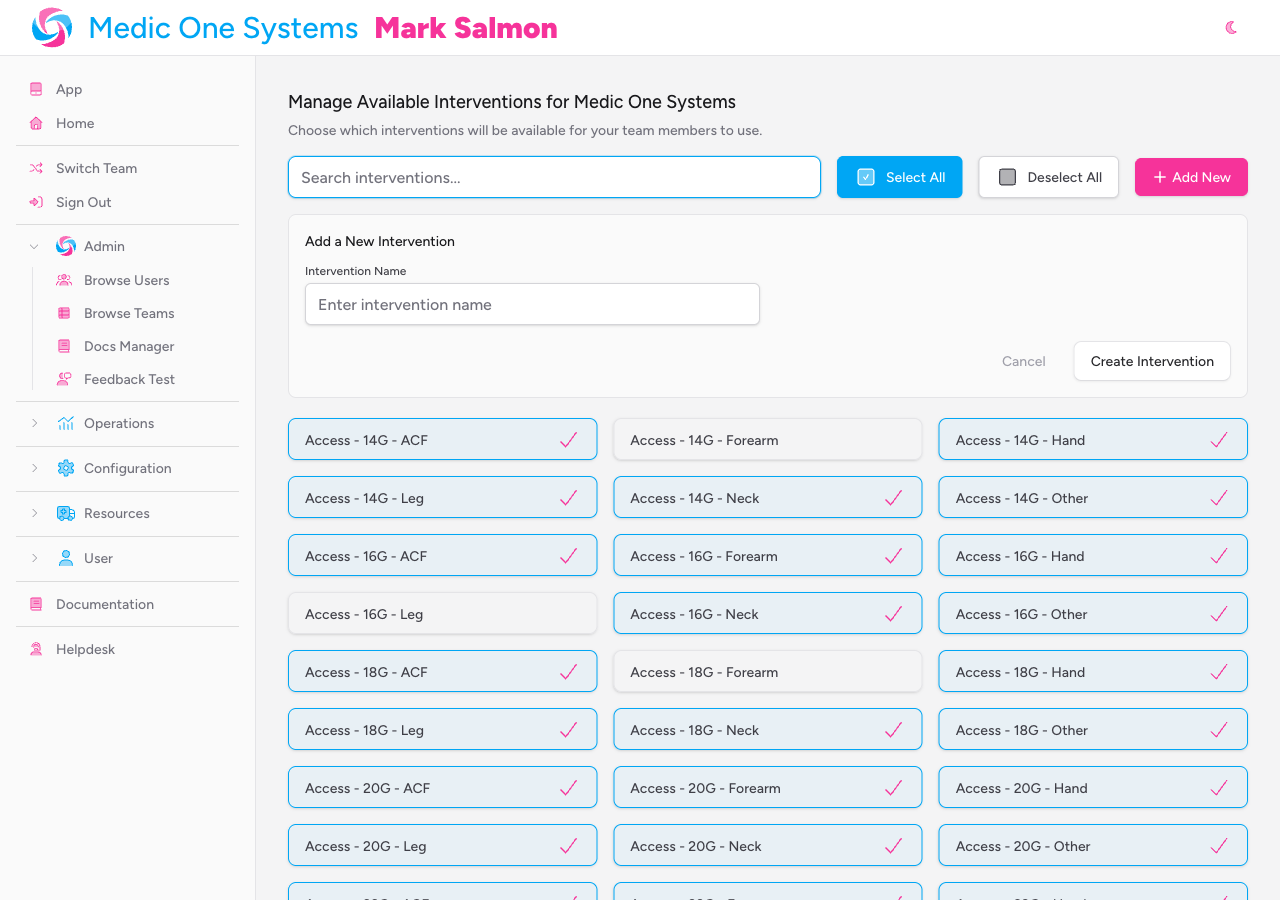 Screenshot: The "Add a New Intervention" form panel expanded below the toolbar, showing the Intervention Name field with Cancel and Create Intervention buttons