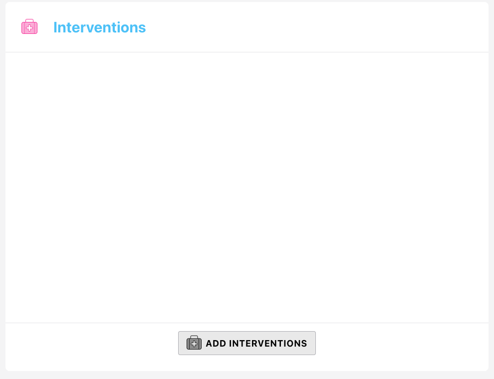 Screenshot: The Interventions panel on a patient record showing a list of recorded interventions, each displaying the time, intervention name, side indicator, clinician name, and notes. The Add Interventions button is visible at the bottom.