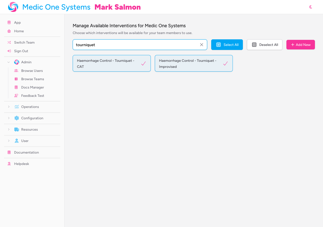 Screenshot: The search field with a term entered (e.g. "tourniquet") and the grid filtered to show only matching interventions
