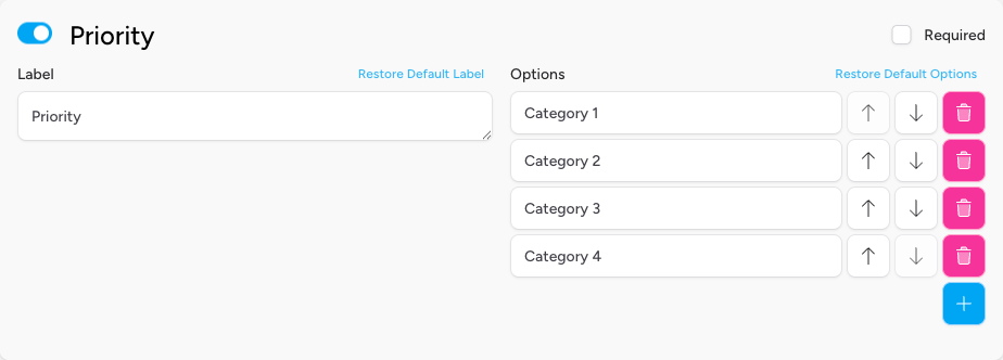 Screenshot: A field card showing the visibility toggle, "Required" checkbox, Label textarea with a "Restore Default Label" button, and the Options list with up/down arrows, a + button, and trash icons