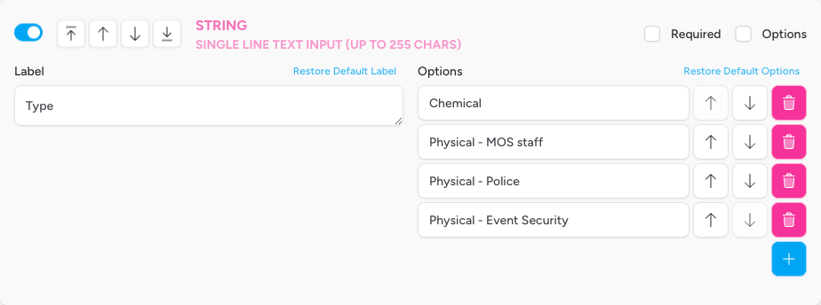 Screenshot: The custom panel editor showing a field card with the visibility toggle, field type label, reorder buttons, label input, and options list for a string field