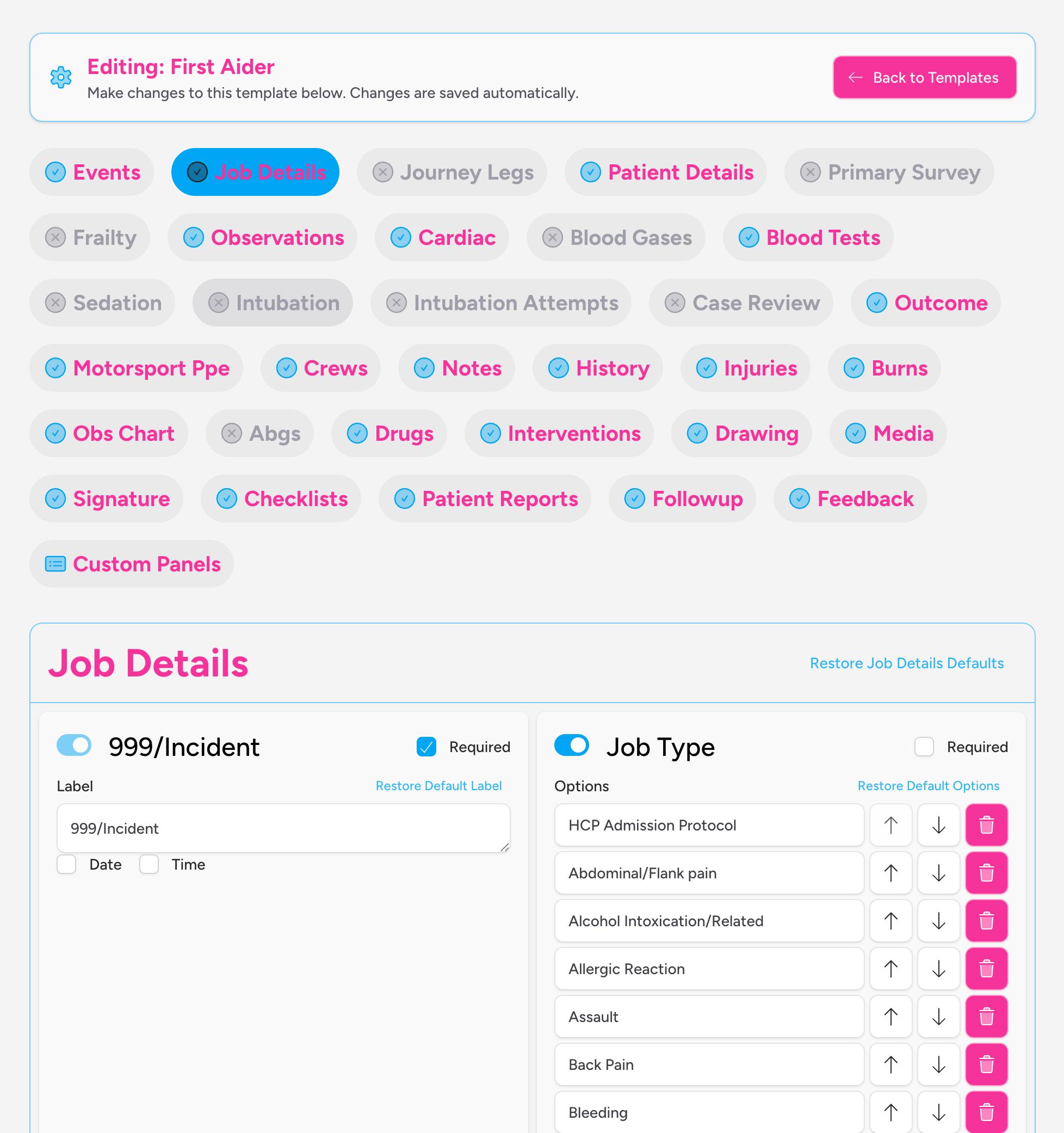 Screenshot: The template editor header showing the template name being edited, the "Back to Templates" button, and the auto-save note