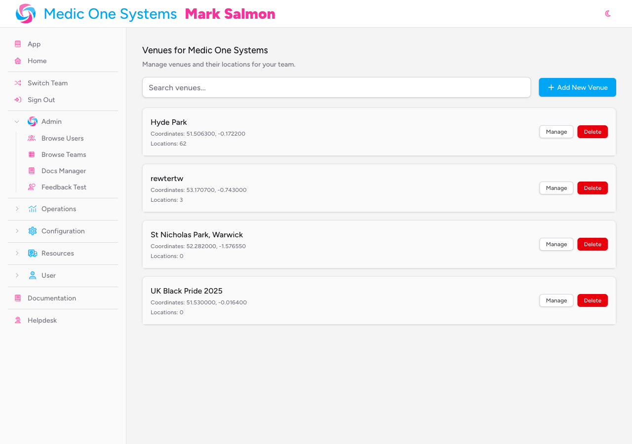 Screenshot: The left-hand navigation sidebar with the Resources section expanded, showing "Venues" as one of the navigation items below "Vehicles".