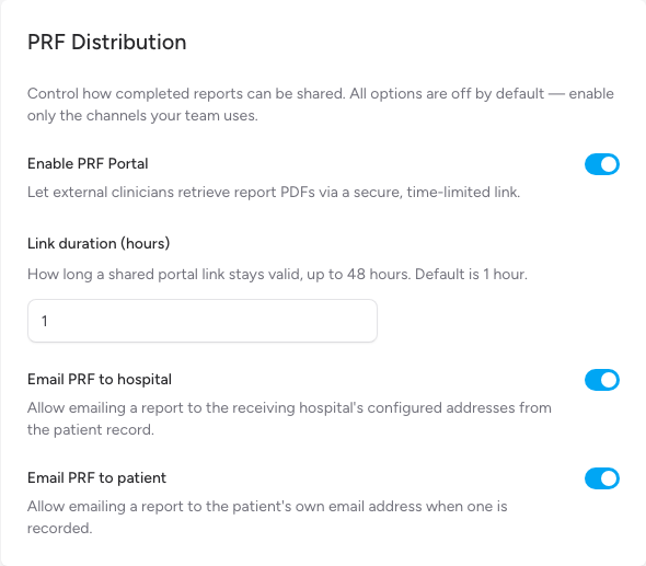 Screenshot: The PRF Distribution card in Team Settings > Information Governance, showing the Enable PRF Portal toggle with its Link duration field, the Email PRF to hospital toggle, and the Email PRF to patient toggle