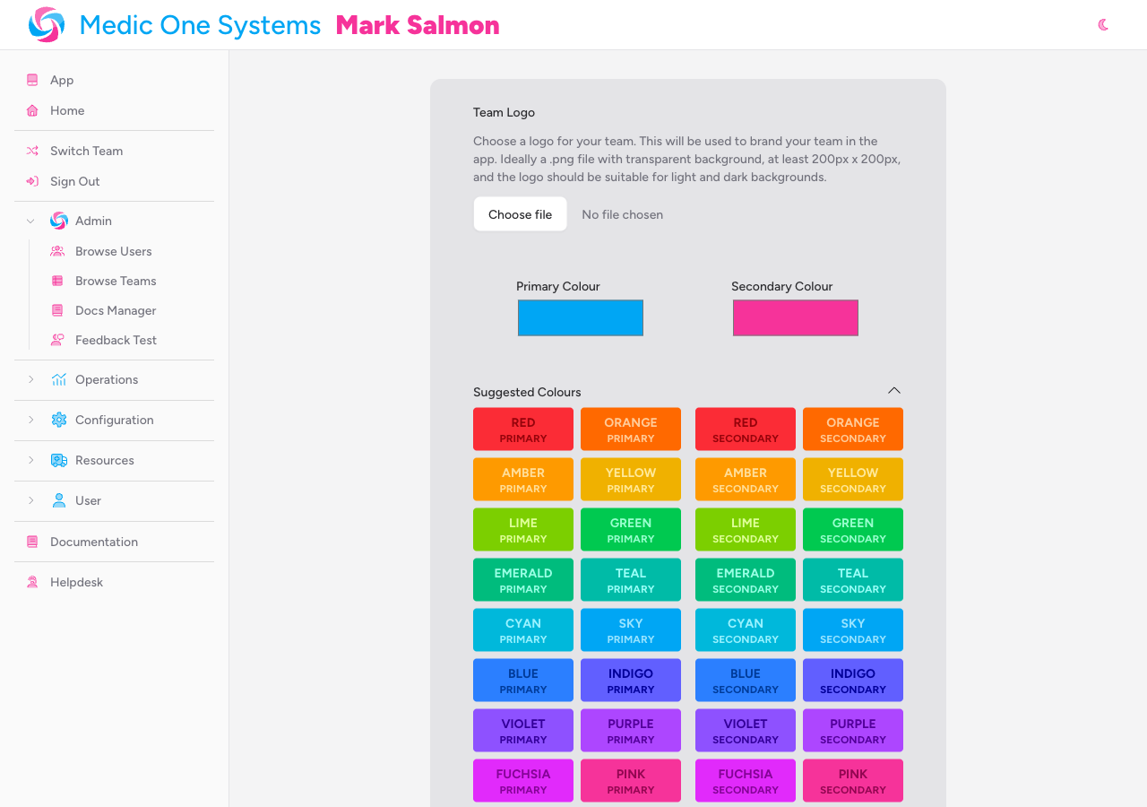 Screenshot: The Suggested Colours accordion expanded, showing a grid of 18 named colour swatches on the left for Primary and 18 matching swatches on the right for Secondary