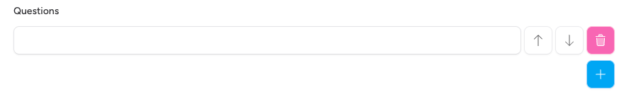 Screenshot: The Questions section of the New Checklist modal, showing several questions with arrow and delete buttons, and the + add button at the bottom