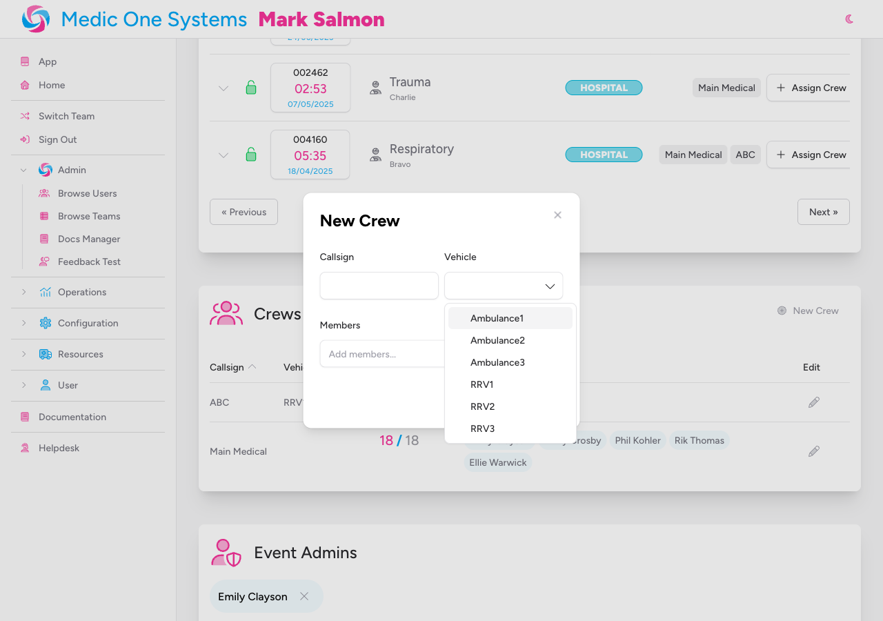 Screenshot: The Add/Edit Crew modal showing the Callsign field and the Vehicle dropdown selector side by side