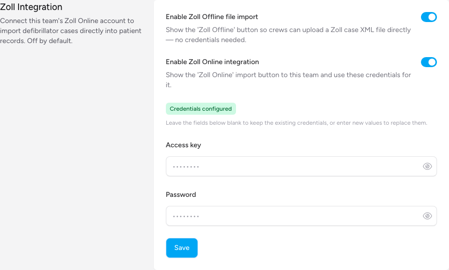 Screenshot: The Team Settings page scrolled to show the Zoll Integration panel — both toggles visible, the green "Credentials configured" badge, masked credential fields, and the Save button