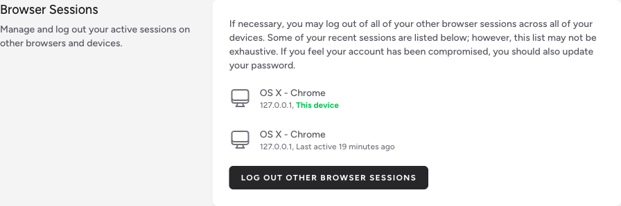 Screenshot: The Browser Sessions section showing a list of sessions, each with a device icon, platform name, browser name, IP address, and "Last active" time or "This device" label in green