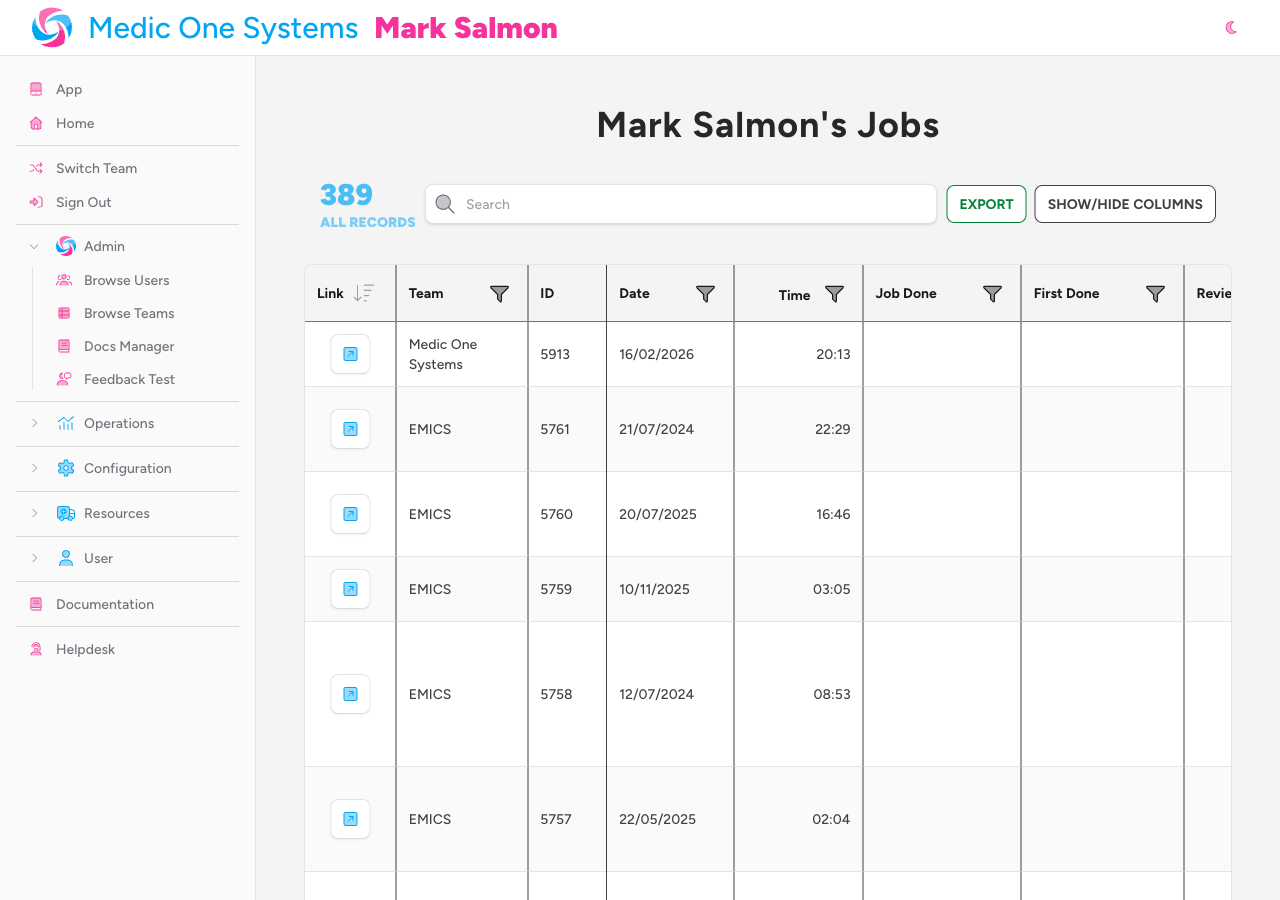 Screenshot: The Browse Jobs page showing jobs belonging to the current user, listed with date, job type, and patient count