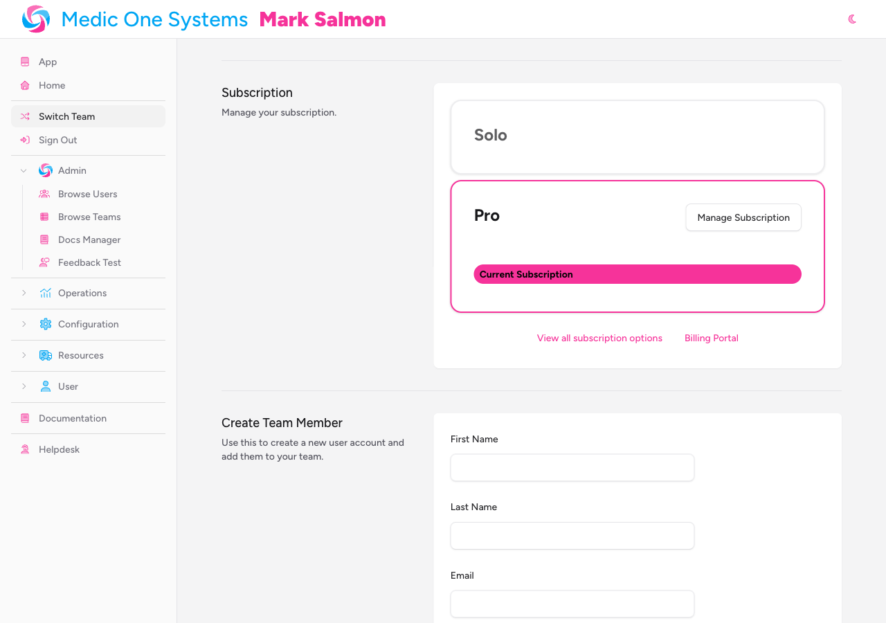 Screenshot: The Subscription section of Team Settings showing plan cards with monthly and yearly pricing and payment options