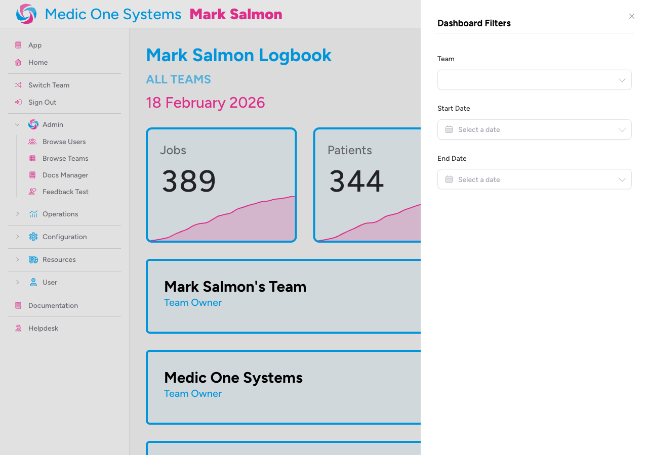 Screenshot: The logbook filter flyout panel showing the Team dropdown, the Start Date picker, and the End Date picker