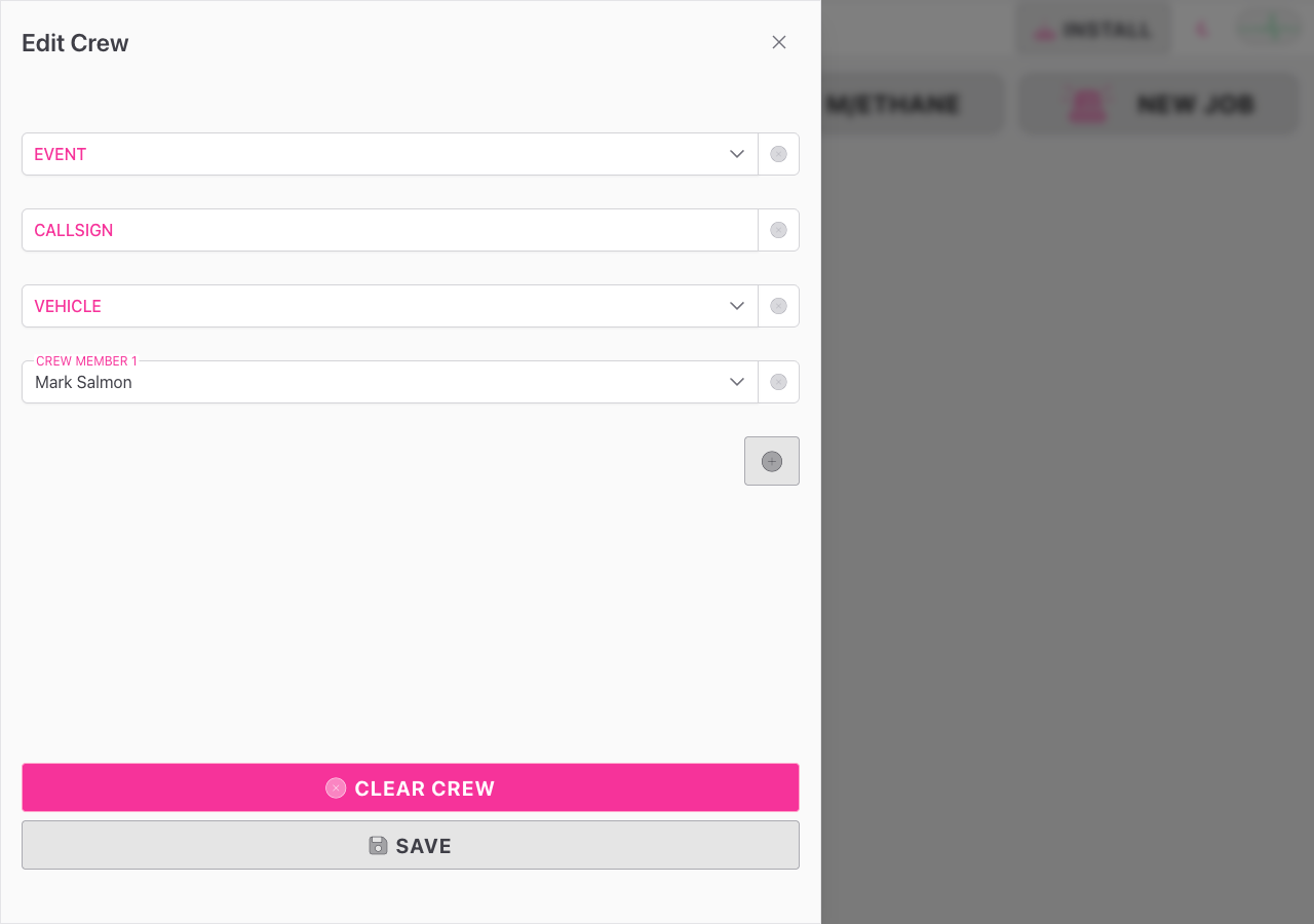 Screenshot: The Edit Crew drawer showing the Event, Callsign, Vehicle, and Crew Member fields