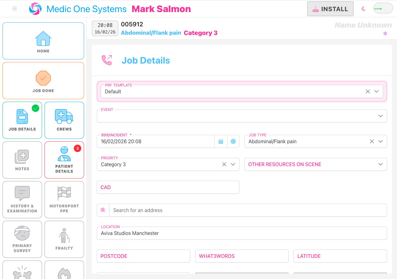 Screenshot: The job editor showing the Job Details panel with PRF Template, Event, date/time, Job Type, Priority, and location fields