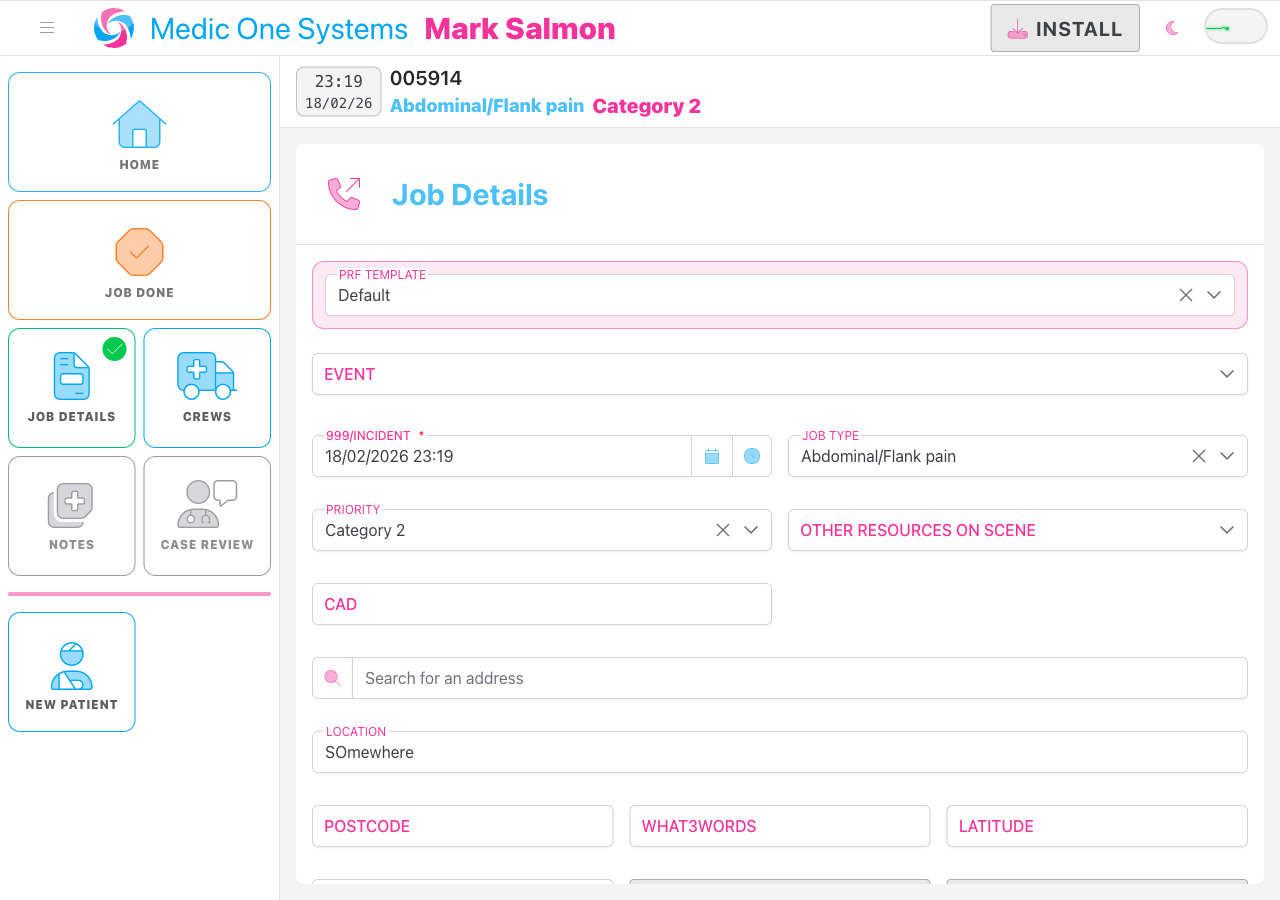 Screenshot: The job editor with the NEW PATIENT button visible in the sidebar