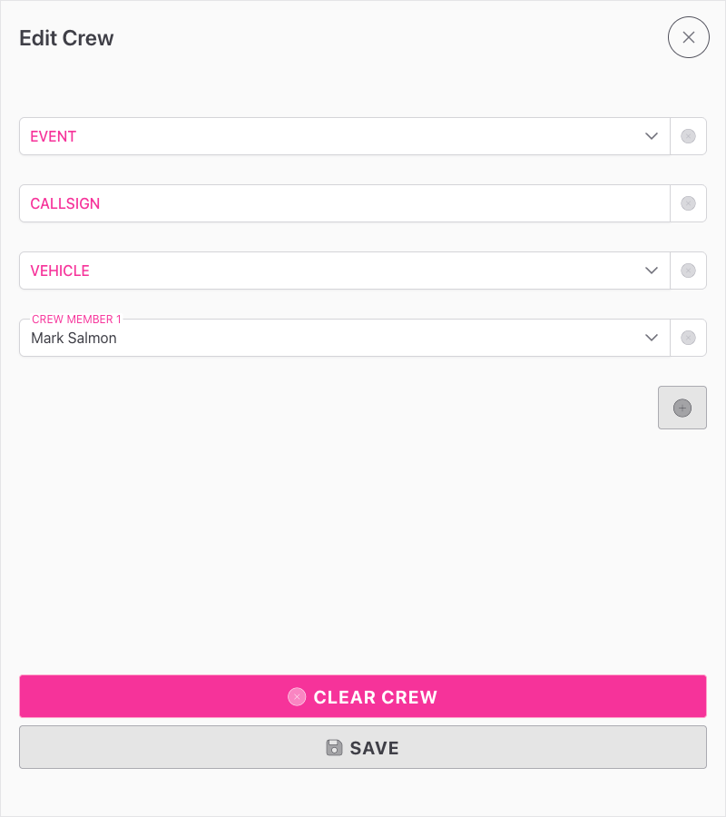 Screenshot: The CREW button expanded showing the event name, callsign, vehicle name, and crew member names