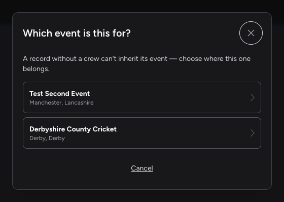 Screenshot: The "Which event is this for?" picker dialogue, listing two live events as tappable rows with a Cancel link below
