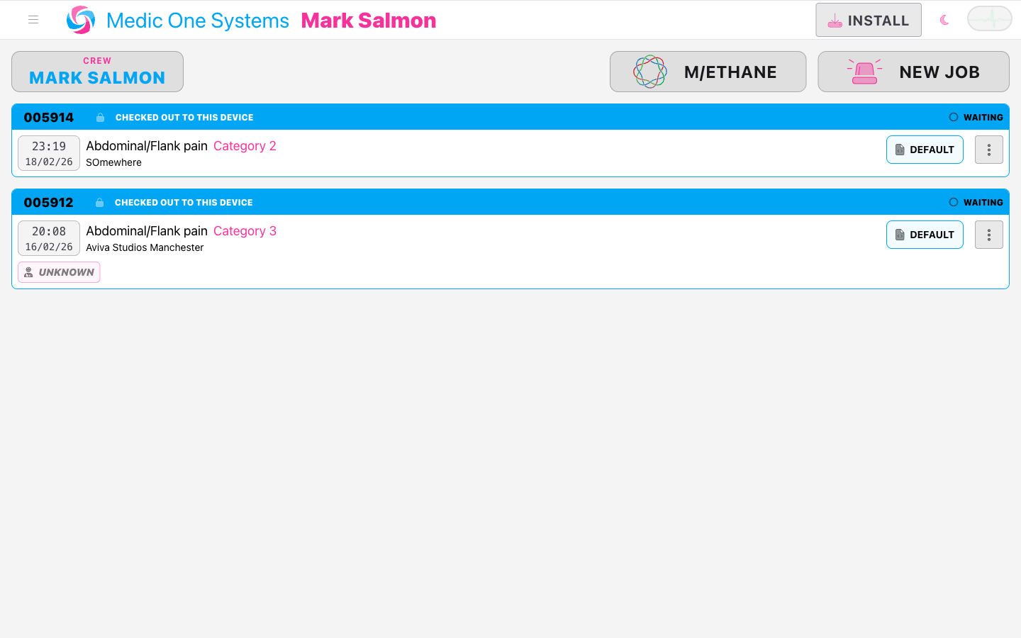 Screenshot: The Jobs home screen showing the CREW button at the top left, the New Job button at the top right, and a list of job cards below