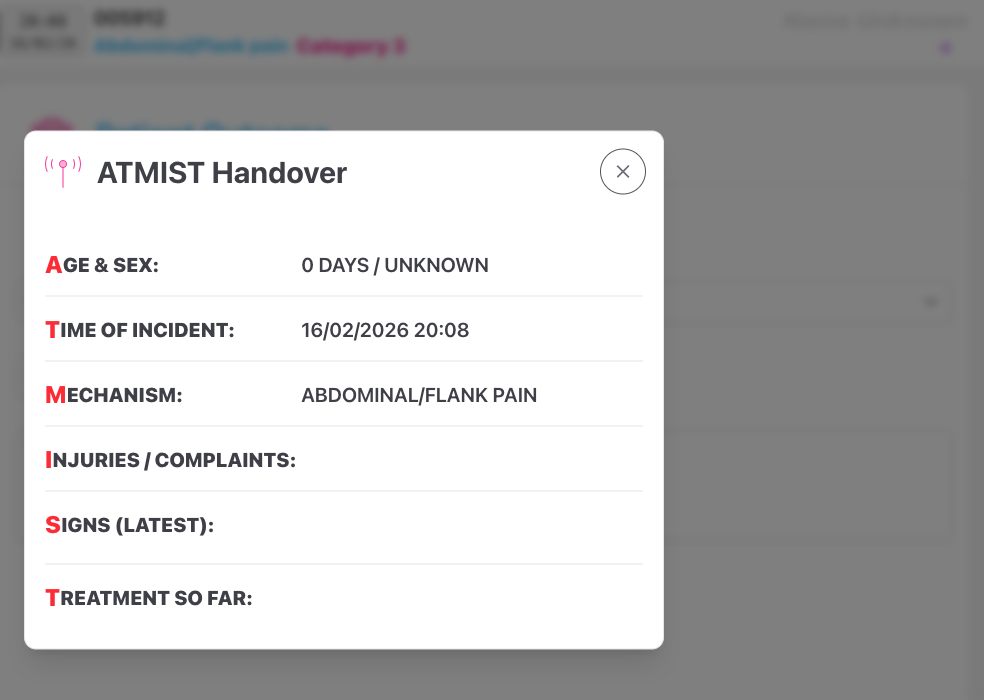 Screenshot: The ATMIST Handover dialog showing each section populated with patient data