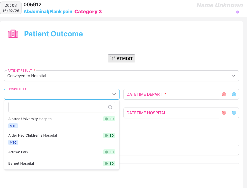 Screenshot: The Outcome panel with hospital fields visible, showing Hospital selector with ED and specialist service badges, and the time fields below
