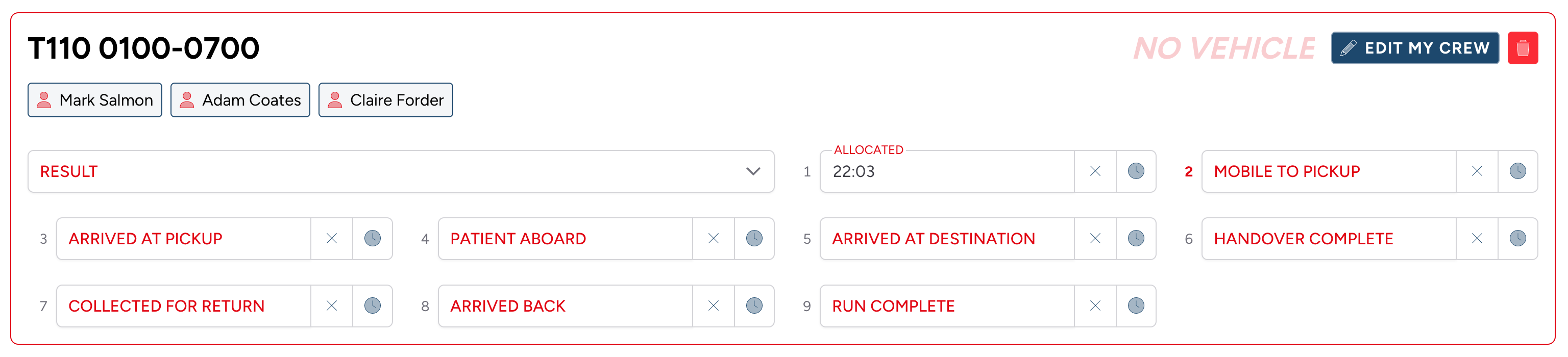 Screenshot: The Crews panel of a job for a transport team, showing all nine time point fields laid out in a numbered grid, each with a datetime picker, a clear (×) button, and a clock button