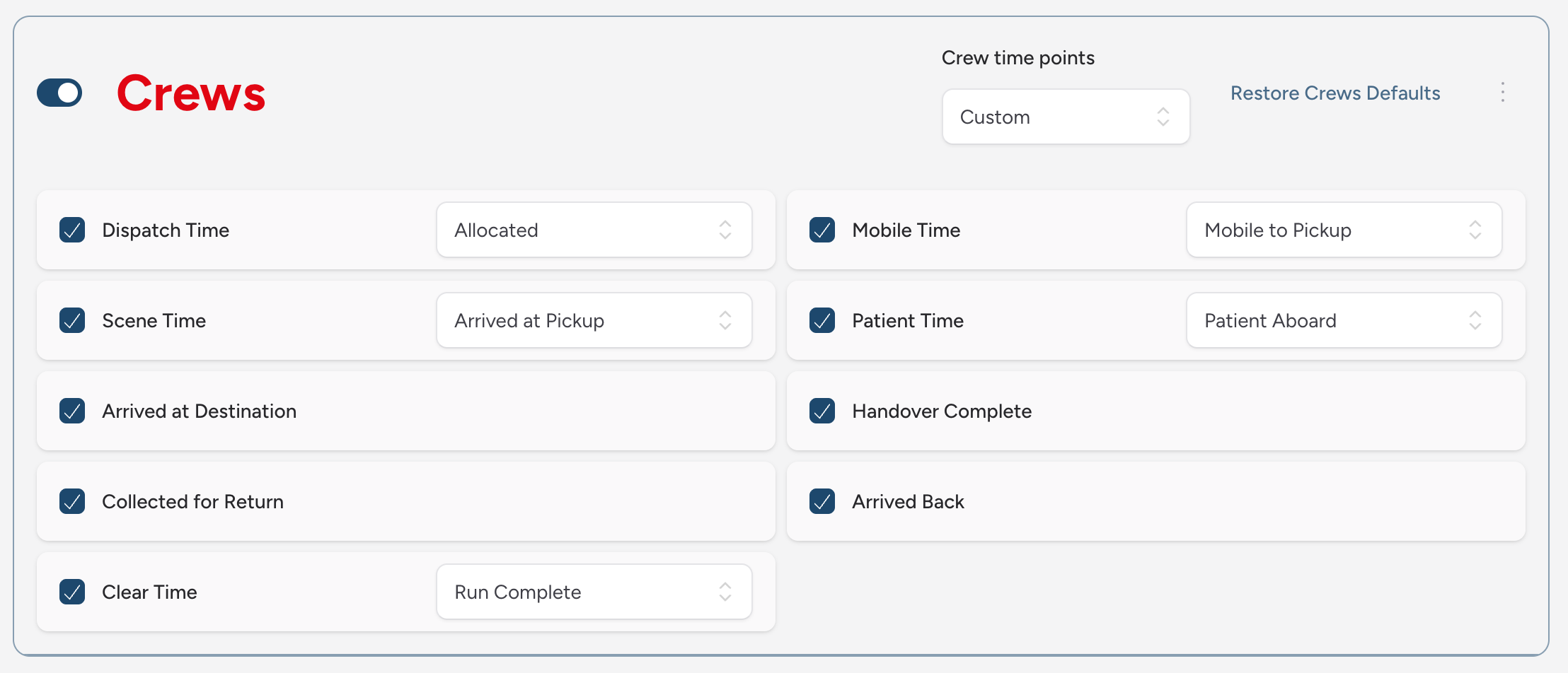 Screenshot: The custom time point composer on a template's Crews section, showing the nine points as checkboxes in run order, wording pickers beside the shared points, and a warning callout about omitted status points