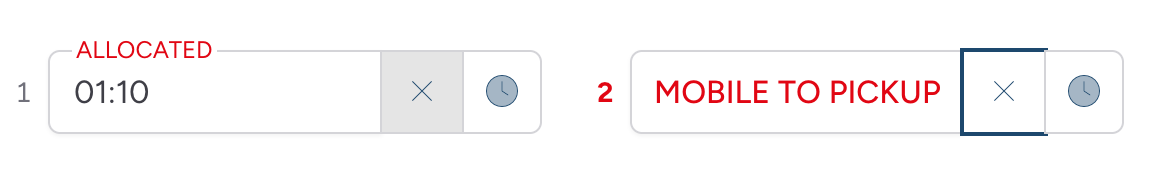 Screenshot: A close-up of two transport time point fields — one showing a clock button ready to stamp "now", the other already filled in with a value and its clear (×) button visible