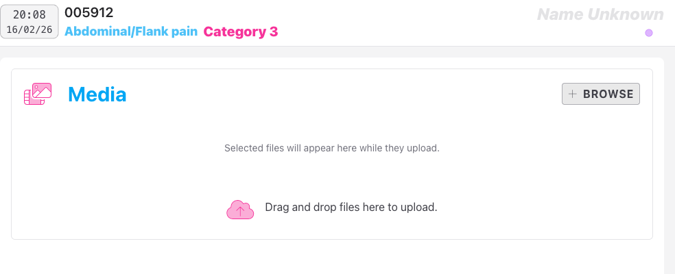 Screenshot: The Media panel showing the file upload area with drag-and-drop target and the Browse button, and a carousel of uploaded images below