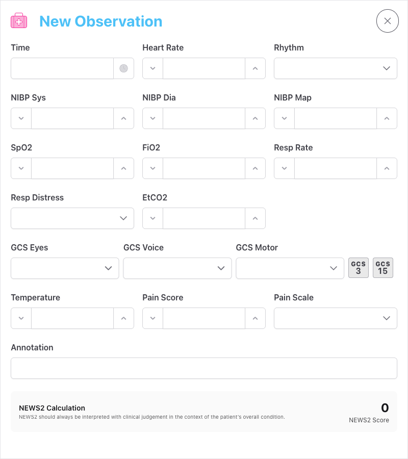 Screenshot: The New Observation drawer showing fields for Time, Heart Rate, SpO2, NIBP Sys/Dia/Map, Resp Rate, GCS Eyes/Voice/Motor, AVPU, Temperature, Pain Score, Pain Scale, and Annotation, with the live NEWS2/PEWS score displayed